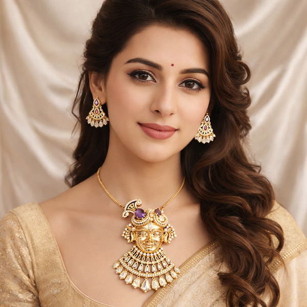Shyam Kripa Divya Darshan Khatu Shyam Ji Rose Gold Pendant Set - Purple | Ammaira Jewelz