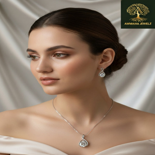 Silver Polish Teardrop Diamond Pendant & Stud Earrings Set | Ammaira Jewelz