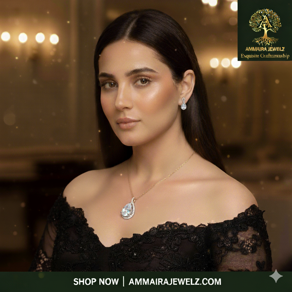 Silver Polish Teardrop Diamond Pendant & Stud Earrings Set | Ammaira Jewelz