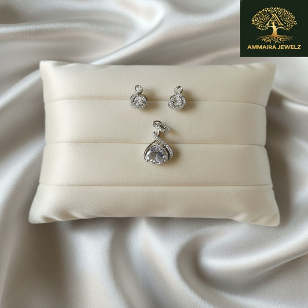 Silver Polish Teardrop Diamond Pendant & Stud Earrings Set | Ammaira Jewelz