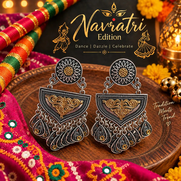 Vasudha two-tone fusion alloy statement earrings for women with floral tops, geometric drops and dangling paisley-inspired charms for Navratri.