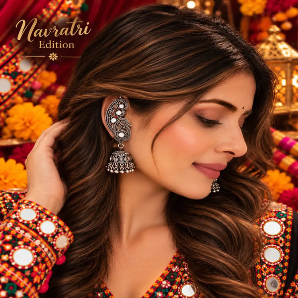 Zoya Darpan lightweight oxidized alloy mirror work jhumka earrings with traditional ear cuffs for Navratri festive wear.